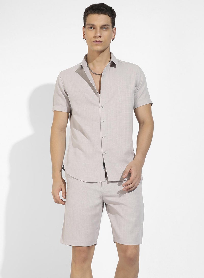 Campus Sutra Men's Beige Basic Textured Co-Ord Set For Casual Wear | Spread Collar | Short Sleeve | Button Closure | Cotton Co-Ords Crafted With Comfort Fit For Everyday Wear - Image 2